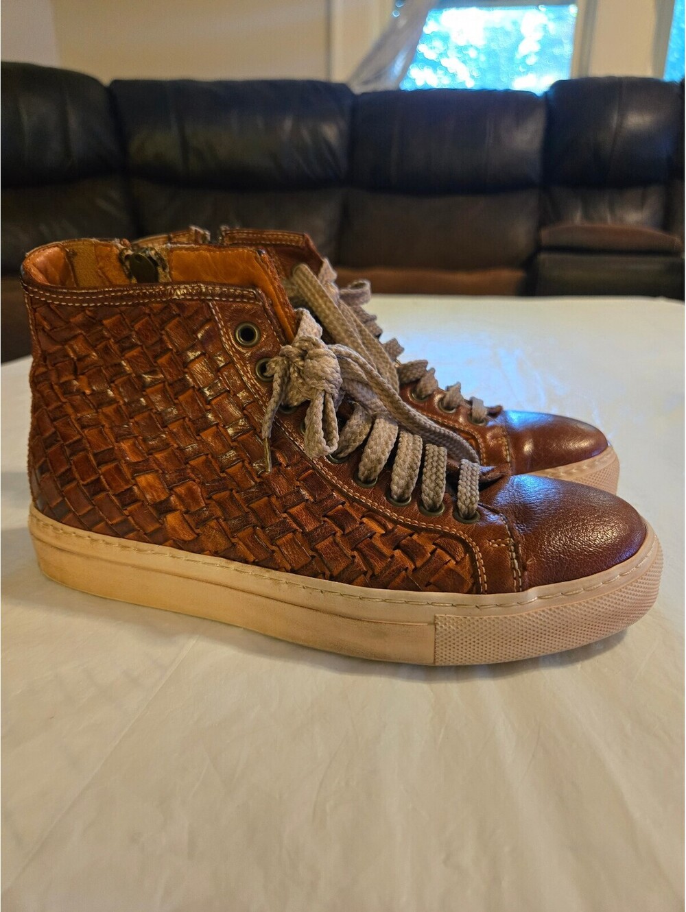 Benheart Calzoleria Coseana Genuine Leather Woven High Top Sneakers Brown sz 7